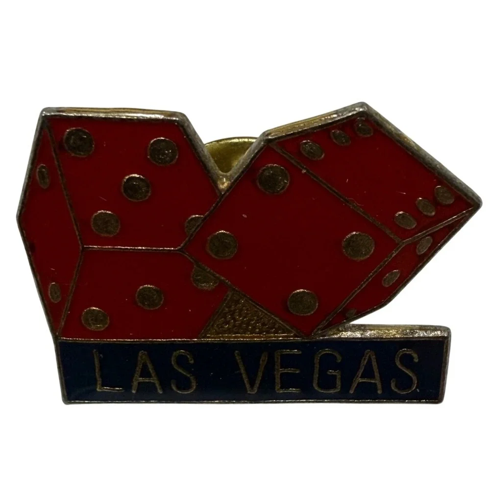 Vintage Las Vegas Red Dice Souvenir Lapel Pin Gold Tone Enamel Casino Gambling